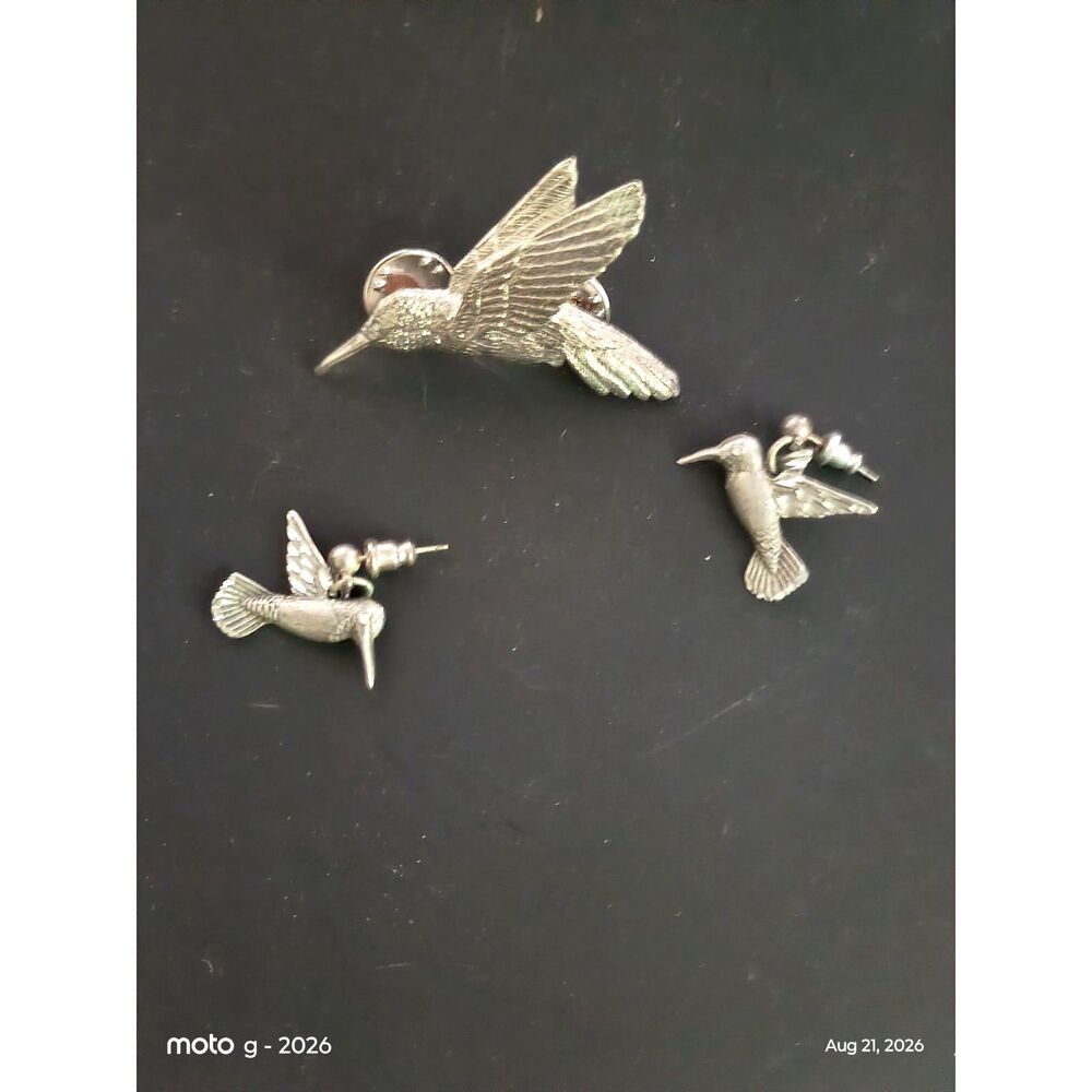 Pewter Hummingbird Brooch & Pierced Drop Earrings | Vintage Bird Set